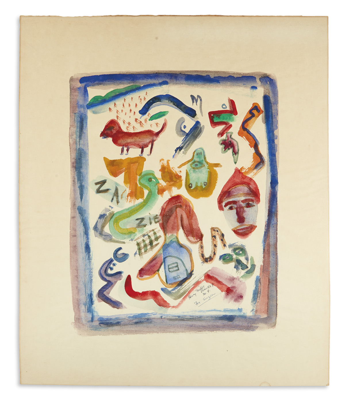 MILLER, HENRY. Watercolor drawing Signed and Inscribed, For Suzen [Kahaner], with holograph title, No. 4,